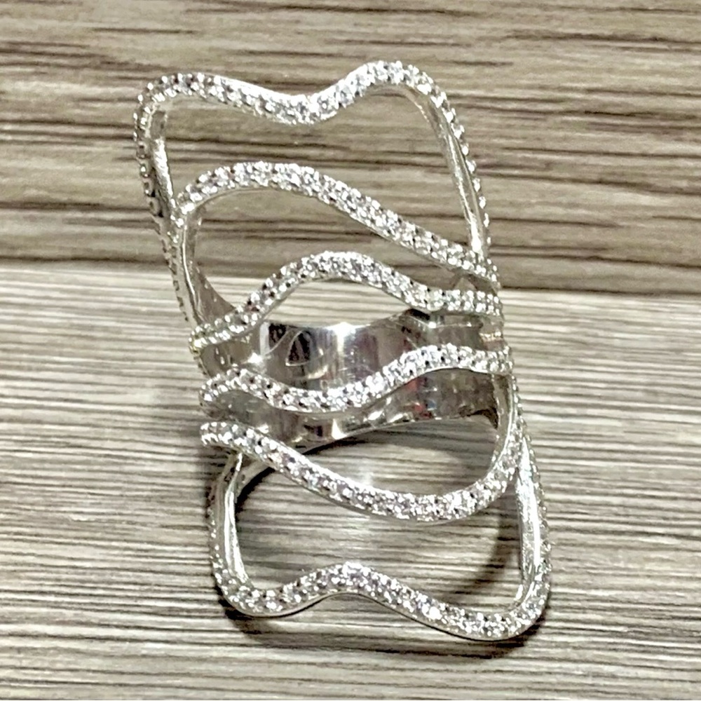 Italian Silver Sterling Silver Free-Form Crystal Full Finger Cage Ring, Size 5 - Picture 2 of 8
